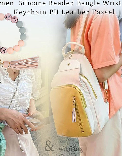 Load image into Gallery viewer, Keychain Bracelet Silicone Key Ring Wristlet with Leather Tassel Wrist Key Ring Bangle Silicone Bead, Light Pink
