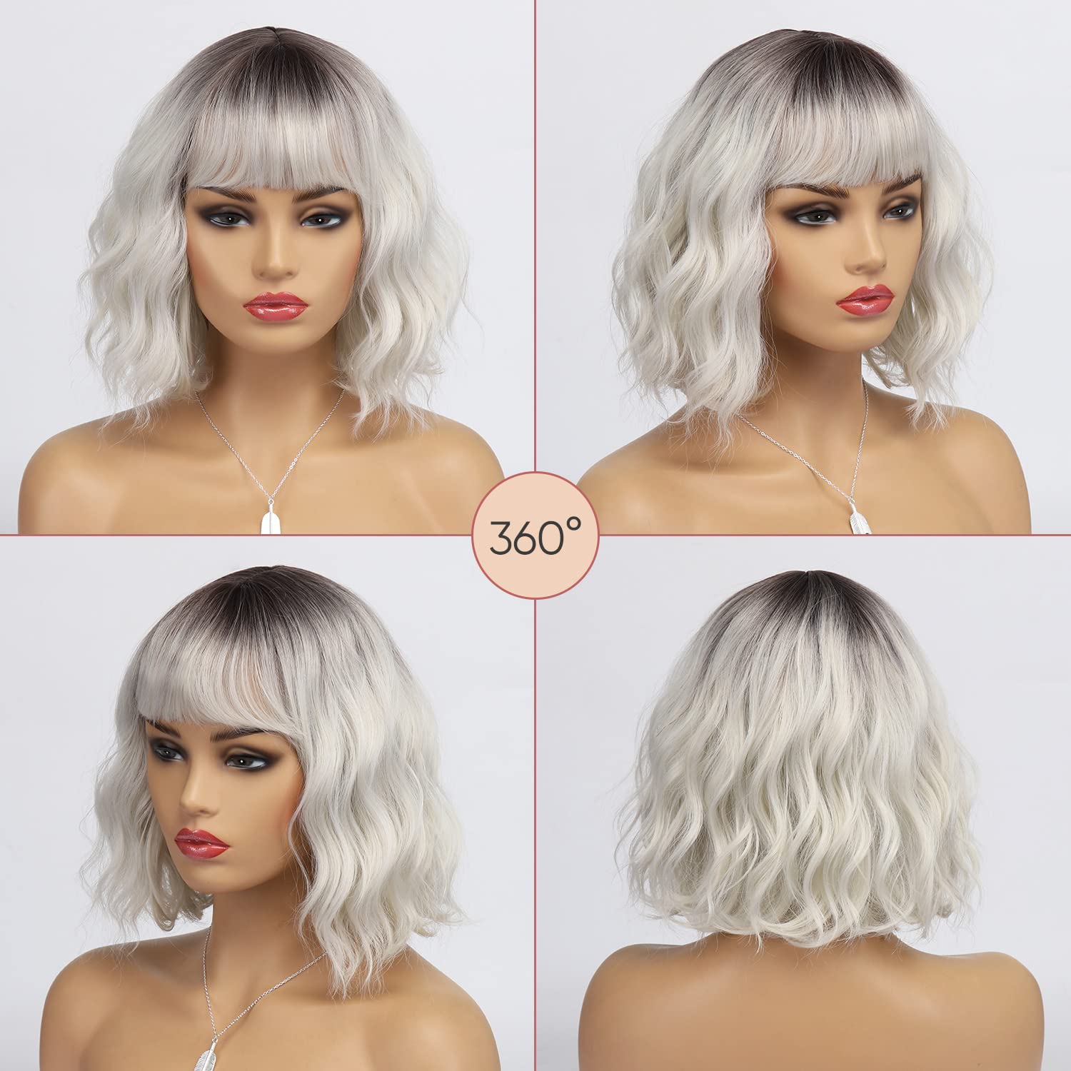Short White Silver Wigs for Women Ombre Grey Wavy Bob Wig with Bangs Medium Length Synthetic Hair, 12 inches, Ombre Silver