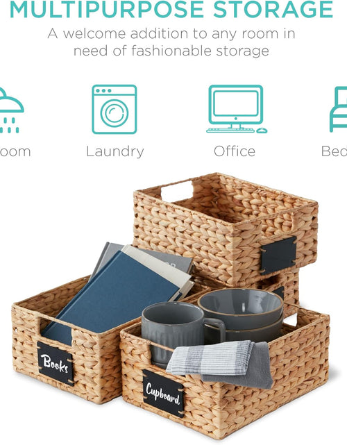 Load image into Gallery viewer, Set of 4 9x12in Water Hyacinth Pantry Baskets, Woven Kitchen Organizers w/Chalkboard Label, Chalk Marker - Natural
