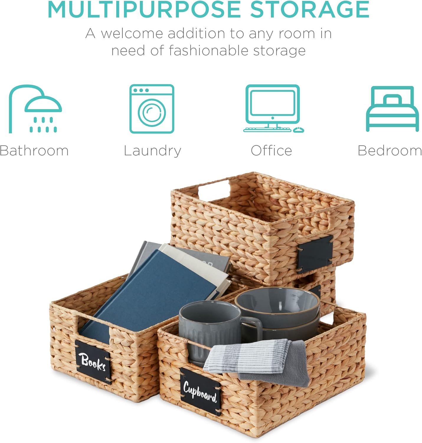 Set of 4 9x12in Water Hyacinth Pantry Baskets, Woven Kitchen Organizers w/Chalkboard Label, Chalk Marker - Natural