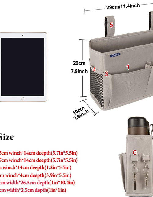 Load image into Gallery viewer, Bedside Caddy Hanging Bed Organizer Storage Bag Pocket for Bunk and Hospital Beds, College Dorm Rooms Baby Bed Rails (Small, Gray)
