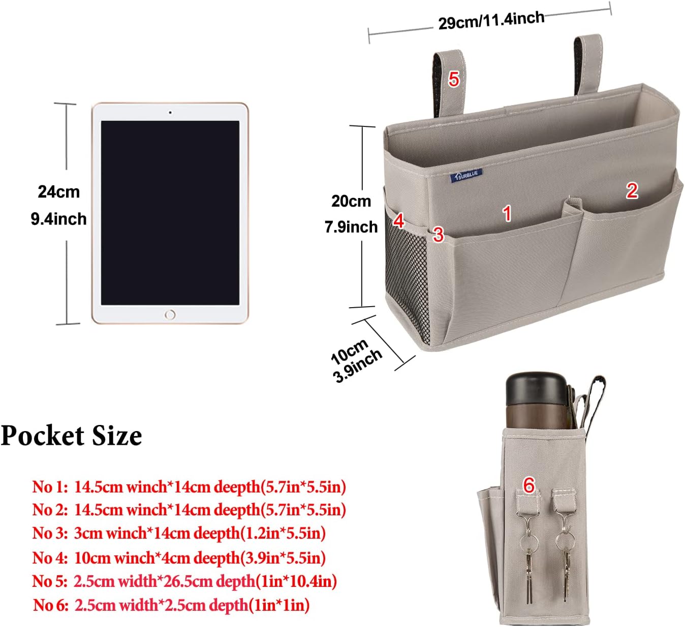 Bedside Caddy Hanging Bed Organizer Storage Bag Pocket for Bunk and Hospital Beds, College Dorm Rooms Baby Bed Rails (Small, Gray)