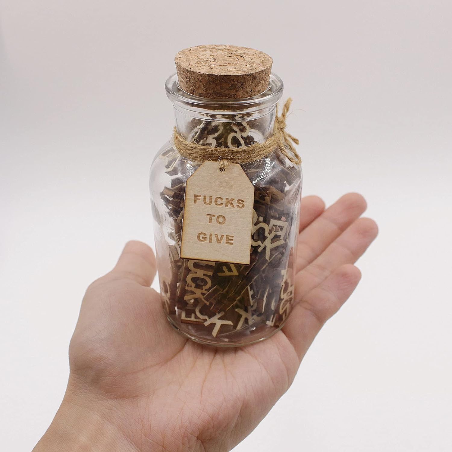 Jar of Fucks (5oz) - Gift Jar, Wooden Cutout Letter Piece, Bad Mood Vent, Spoof Birthday, Holiday Gift to Friend - Funny Gift for Valentine's Day