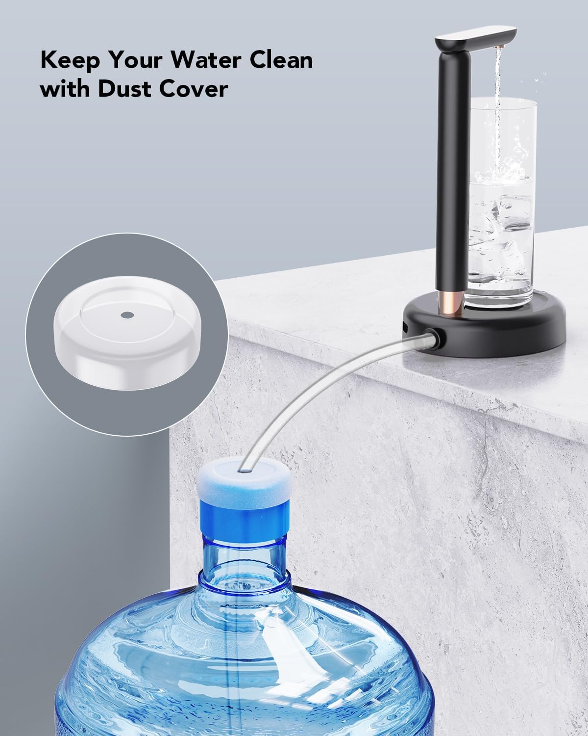 Electric Table Water Dispenser with Adjustable Height Design for 1-5 Gallon Bottle Pump Portable Type-C Charging, Black