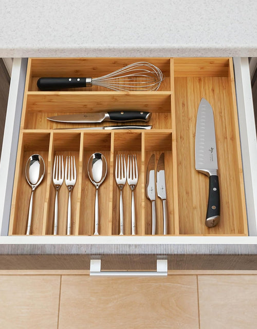 Load image into Gallery viewer, Large Kitchen Drawer Organizer, 19&quot;x19&quot; Silverware Utensils Organizer, 2.5&quot; High for Large Deep Drawers, Bamboo Flatware Holder
