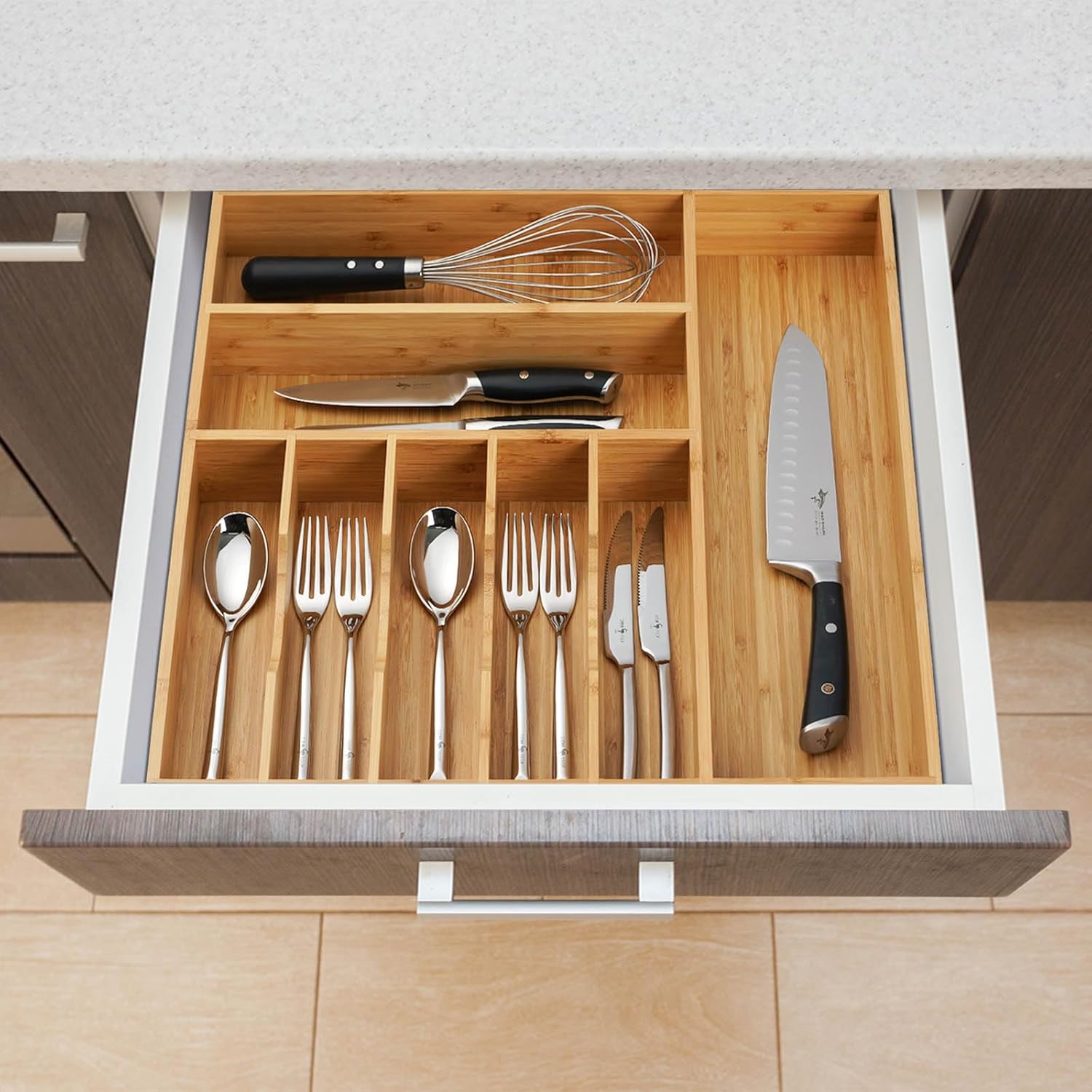 Large Kitchen Drawer Organizer, 19"x19" Silverware Utensils Organizer, 2.5" High for Large Deep Drawers, Bamboo Flatware Holder