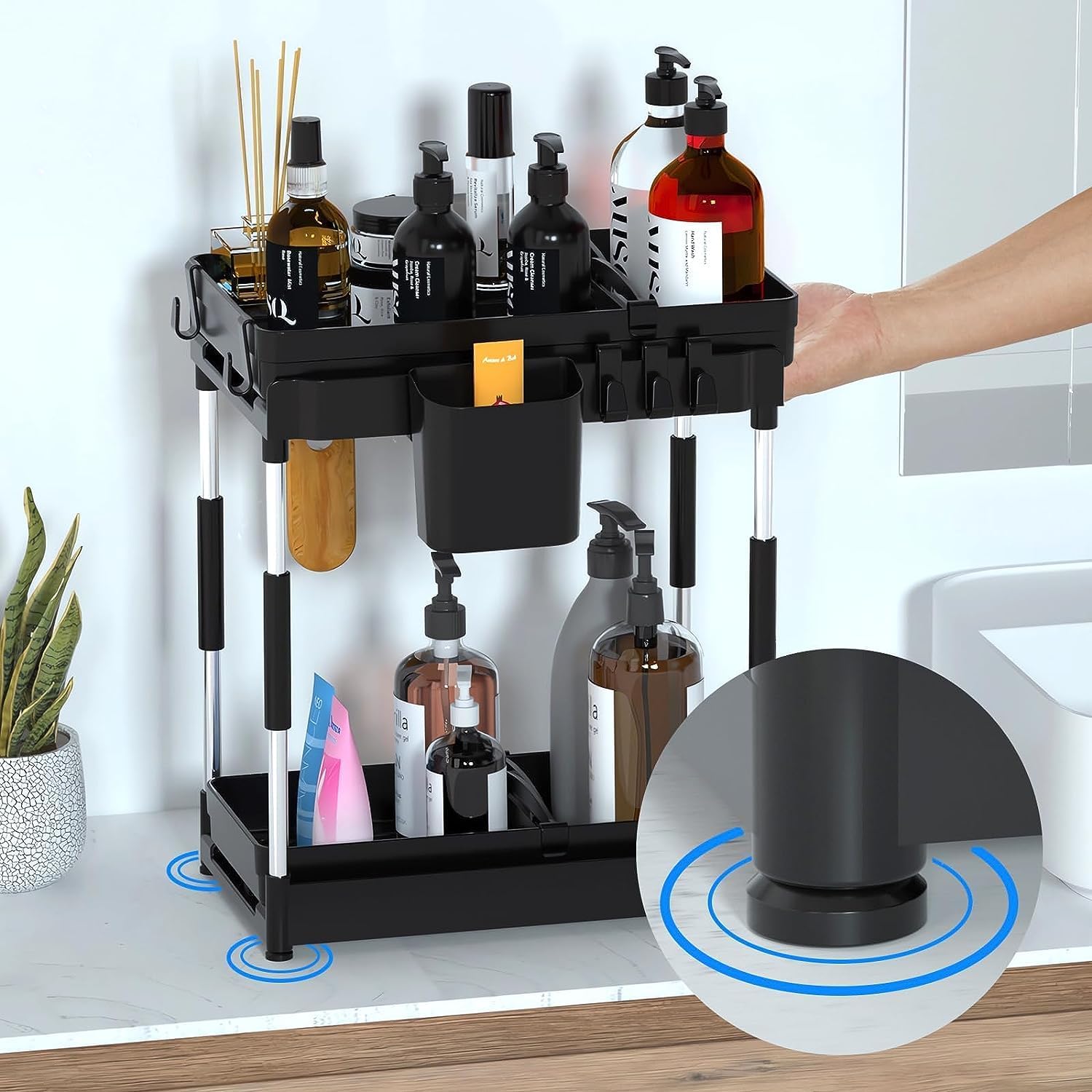 Double Sliding Under Sink Organizers and Storage - Adjustable 2 Tier Pull Out Under Cabinet Organizer, 2 Pack
