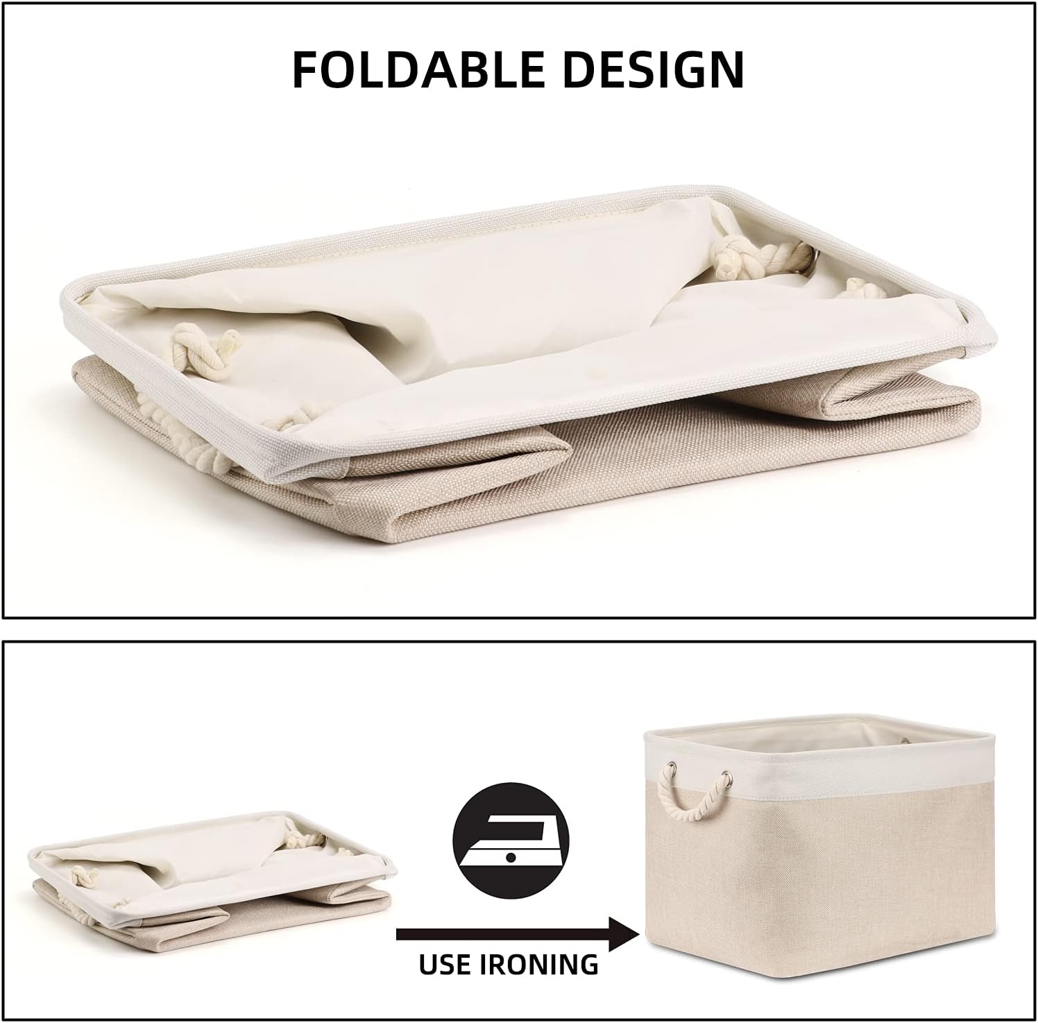 Beige Storage Basket Large Fabric Cloth Baskets [2-Pack] Tall Rectangular Shelf Baskets 16X11.8X11.8 in Canvas Collapsible Storage Bins
