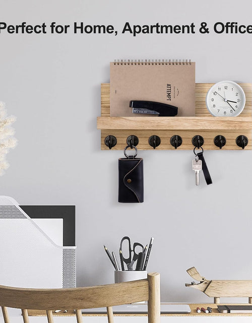Load image into Gallery viewer, Key Holder Wall Mount, Entryway Key and Mail Holder with 7 Sturdy Hooks with Mounting Hardware, 15”W x 6.7”H x 4.2”D (Wood)
