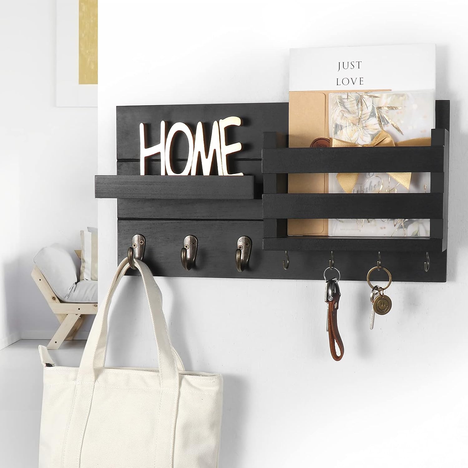 Mail Organizer for Wall Mount – Key Holder with Shelf includes Letter Holder and Hooks with Flush Mounting Hardware (16.5” x 8.7” x 3.5”) Black