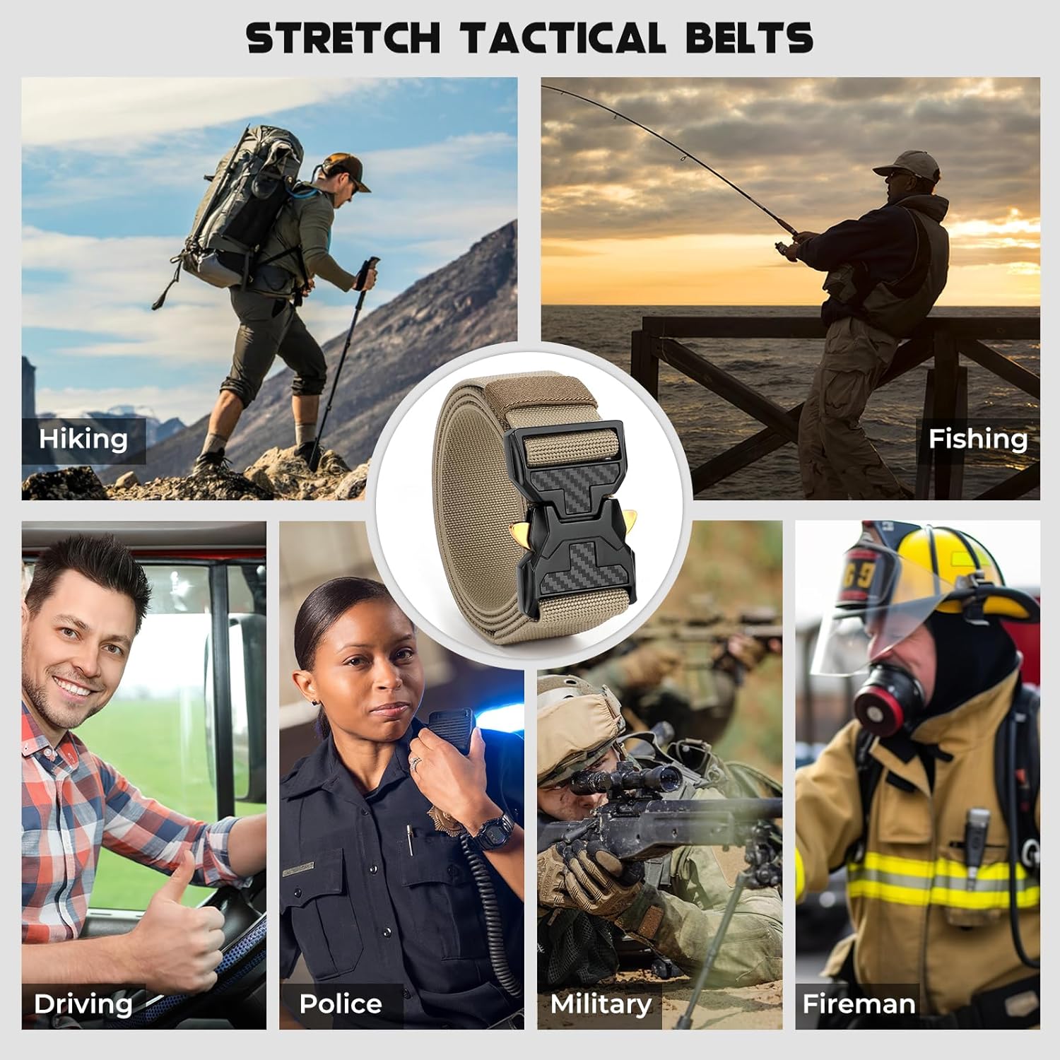 Men's Tactical Belt Nylon Web Work Belts with Heavy Duty Quick Release Buckle, Khaki, Large