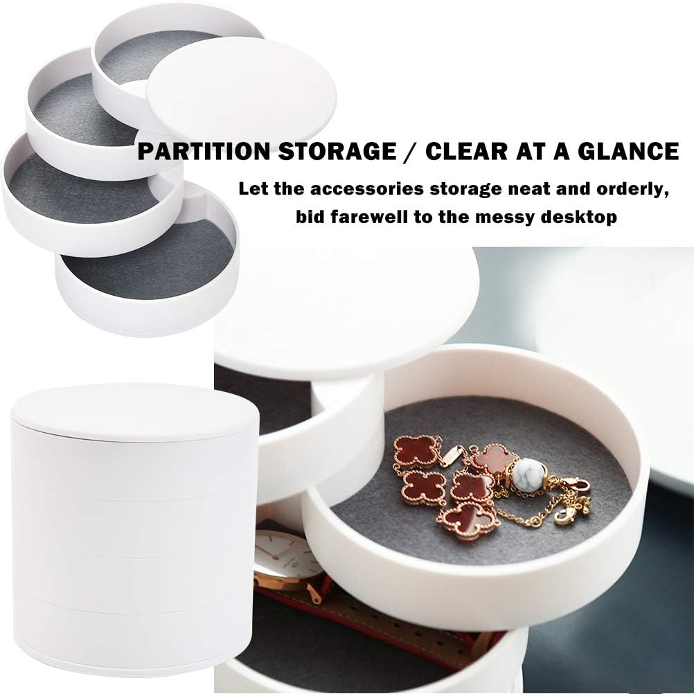 Round Multi-layer Desktop Jewelry Storage Box, 4-Layer Rotating Travel Jewelry Tray Case with Lid for Bracelets Rings Bracelets - White
