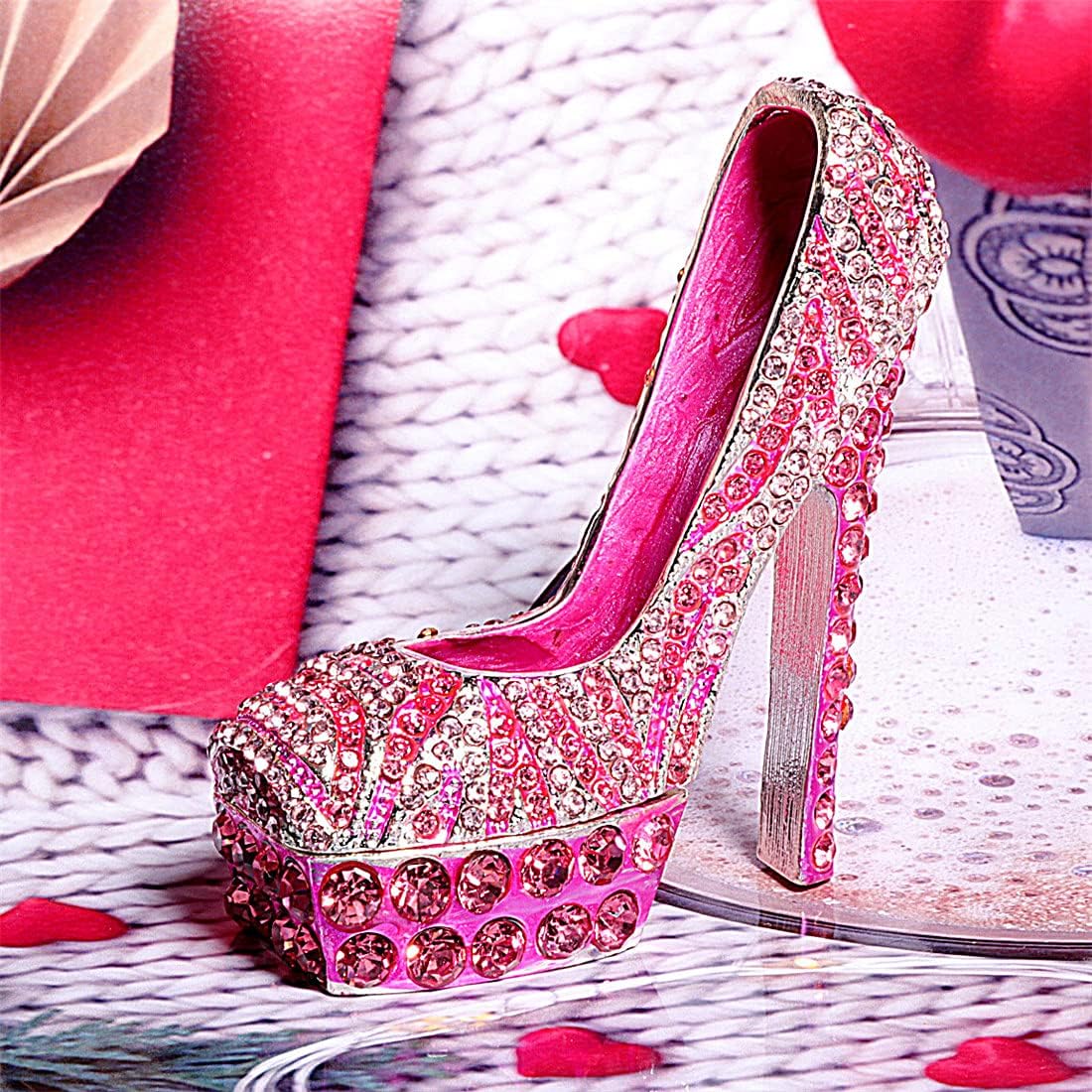 Pink diamond leopard high heels Trinket Box Hinged Hand-painted Figurine Collectible Ring Holder