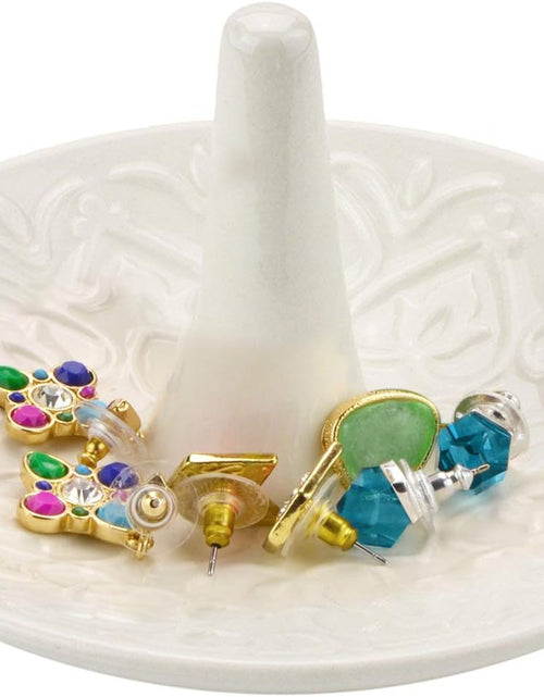Load image into Gallery viewer, Decorative White Ceramic Ring Tray for Jewelry, Ring Cone and Trinket Tray with Raised Heart Design
