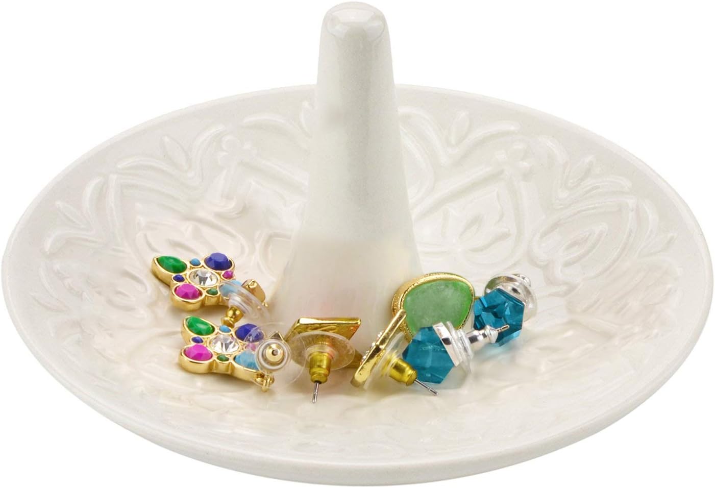 Decorative White Ceramic Ring Tray for Jewelry, Ring Cone and Trinket Tray with Raised Heart Design