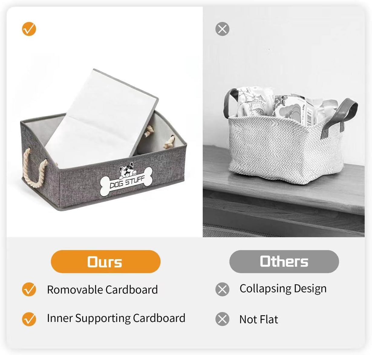 Collapsible Fabric Dog Toy Box and Storage Bin With Handle, Light Grey