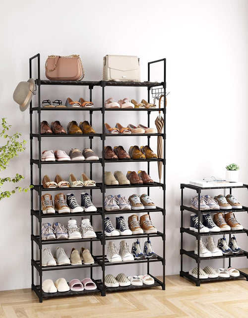 Load image into Gallery viewer, 9 Tiers Shoe Rack Organizer, Black, 50-55 Pairs, Stackable Metal Shelf with Hooks for Entryway
