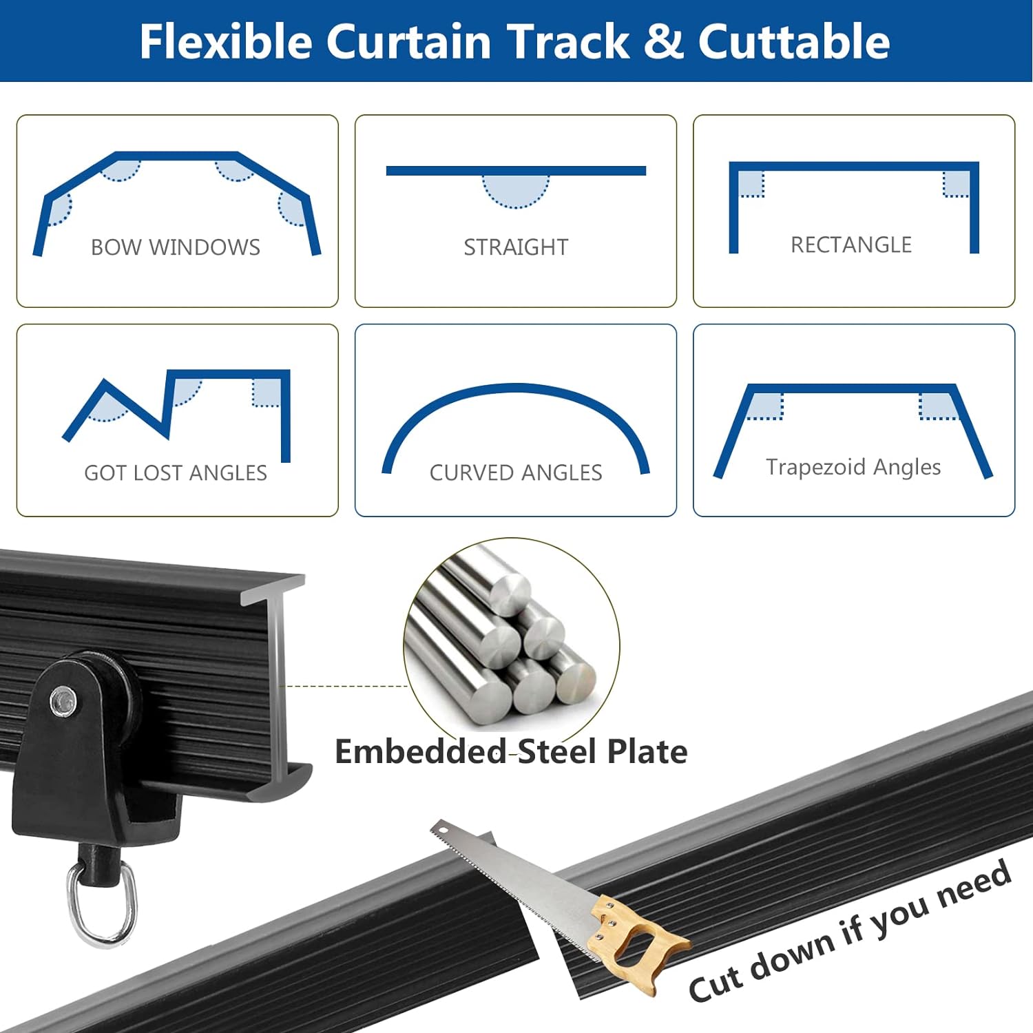 Flexible Bendable Curtain Track 12Ft Black Curved Ceiling Track for Curtain Rail, Black