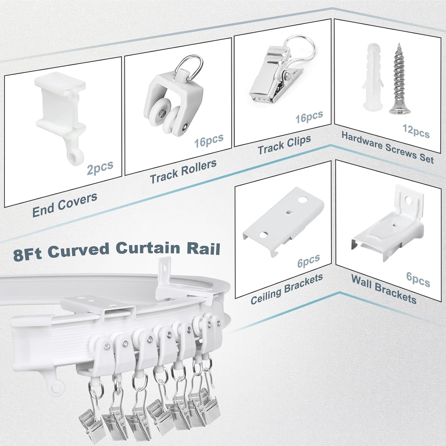 8Ft Curved Curtain Track Ceiling or Wall Mount Curtain Rail Track System Room Divider Heavy Duty, White