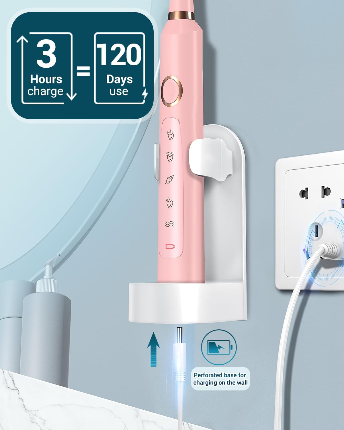 Rechargeable Electric Toothbrush with 8 Brush Heads & Travel Case, 3 Hours Charge for 120 Days - Pink