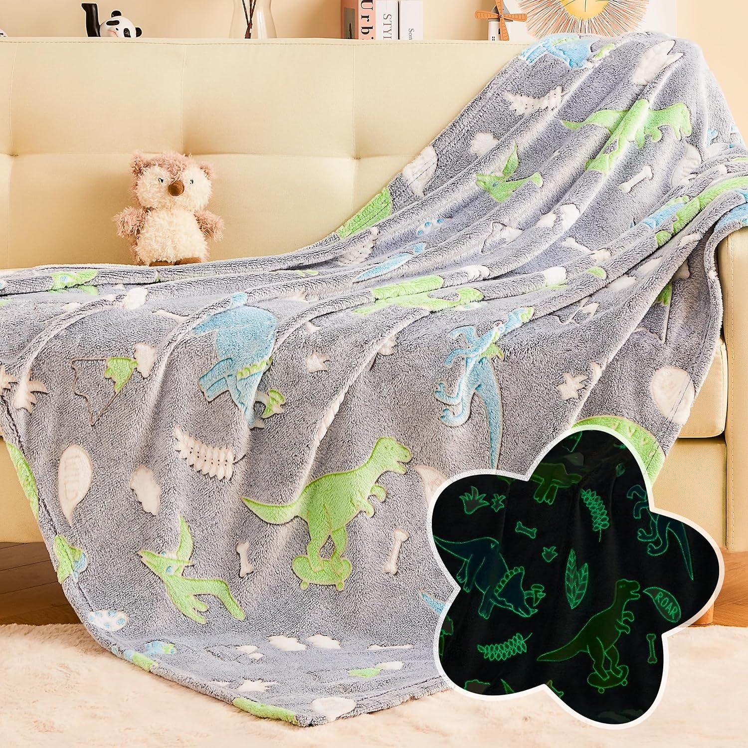 Glow in The Dark Dinosaur Blanket, Cute Blanket for Kids Toddlers Girls Boys, Grey Dinosaur