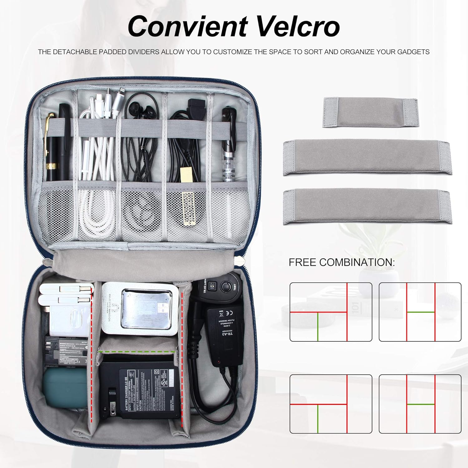 Electronic Bag Travel Cable Accessories Waterproof Double Layer, Navy Blue