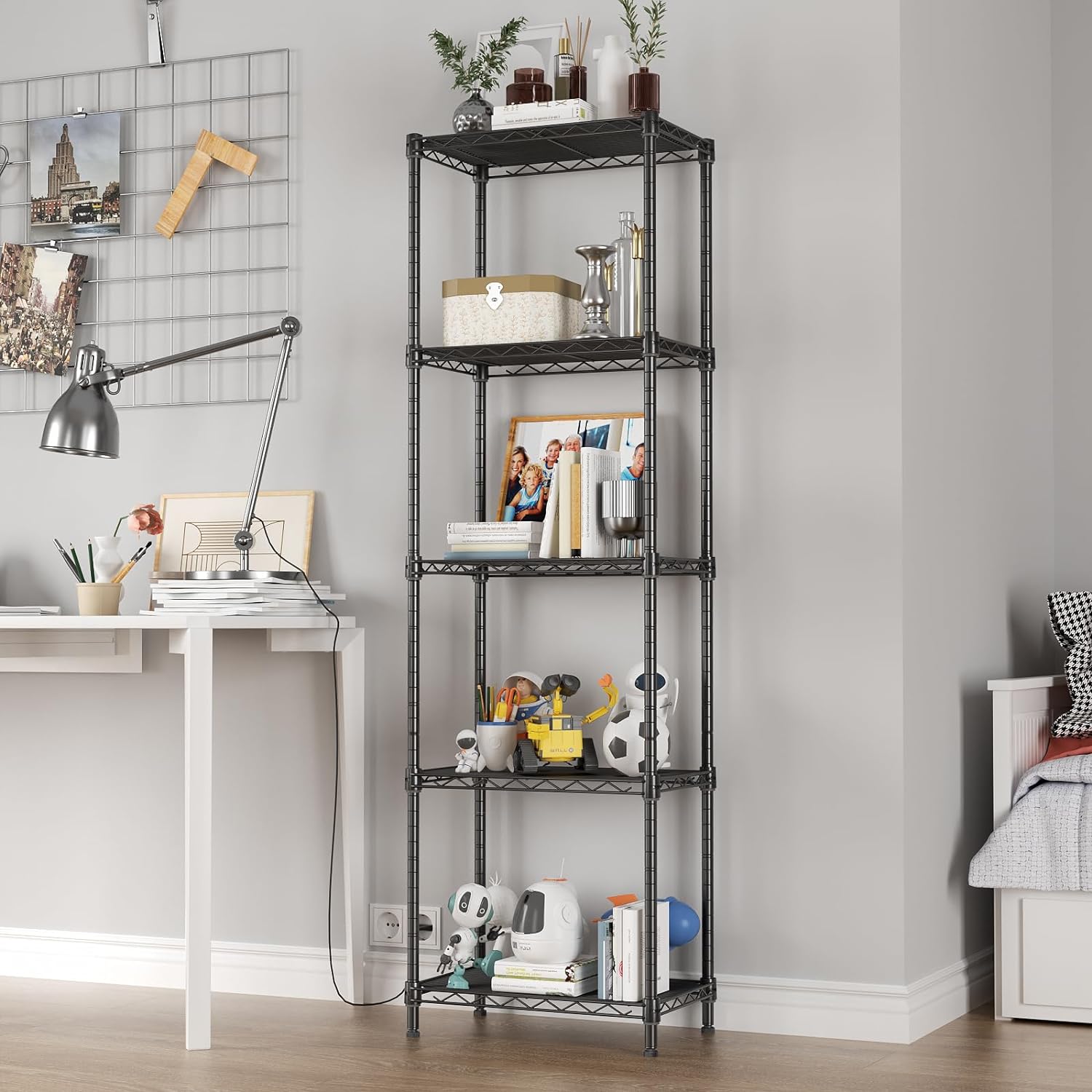 5 Tier Shelf Wire Shelving Adjustable Storage Shelves Storage Rack, Narrow Mesh Gaps,16”W x 10”D x 55”H, Black