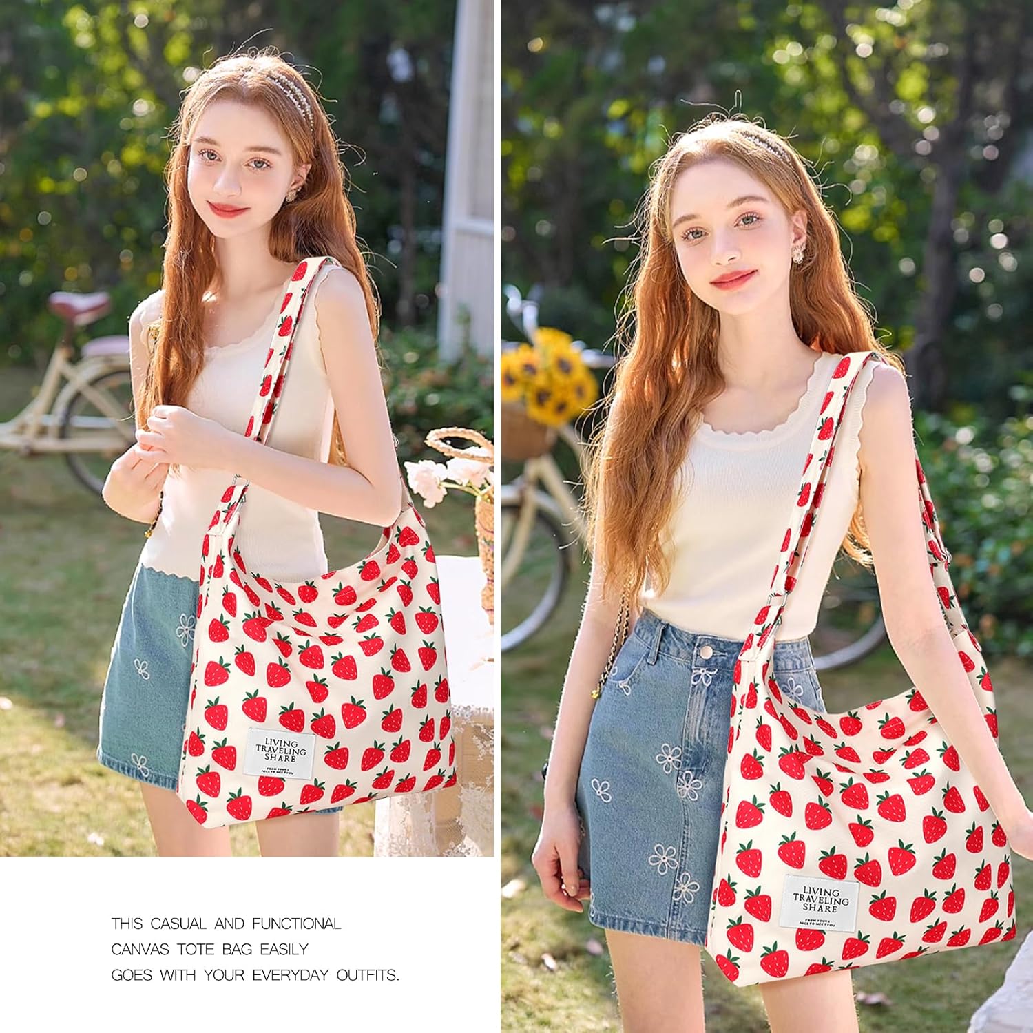Canvas Tote Bag with External Pocket Design, Stylish Appearance, Adjustable Shoulder Strap, Strawberry Beige