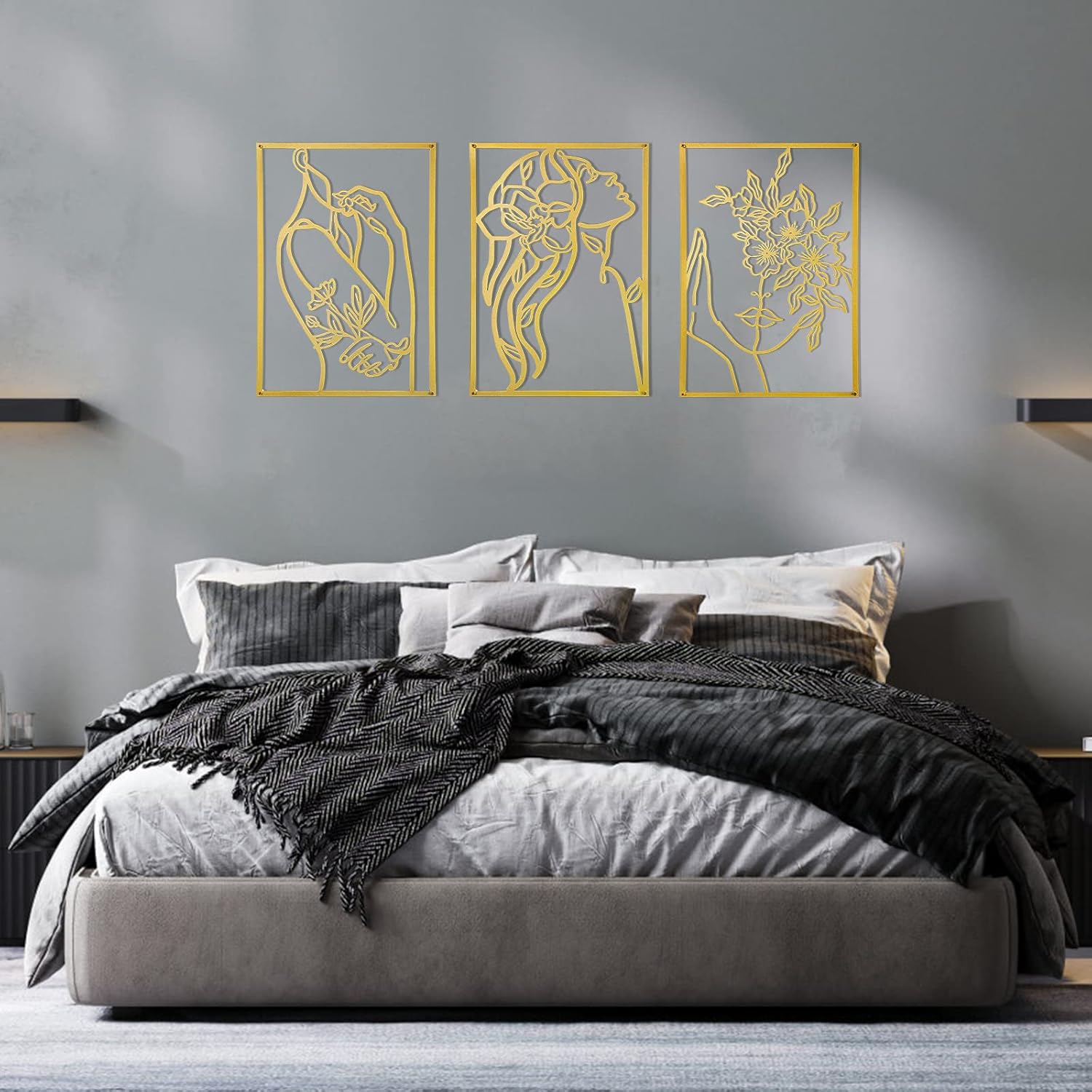 3 Pcs Gold Wall Decor Above Bed Minimalist for Living Room Metal Line Art, 15inch