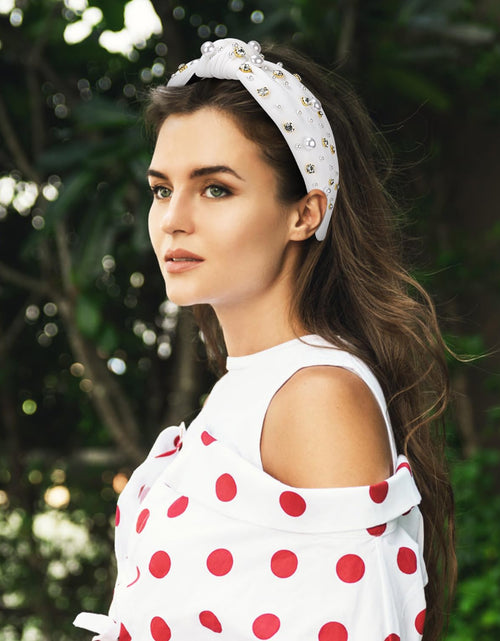 Load image into Gallery viewer, Pearl Knotted Headband, Women Rhinestone Embellished Hairband Elegant Wide Top Knot Bride Headbands
