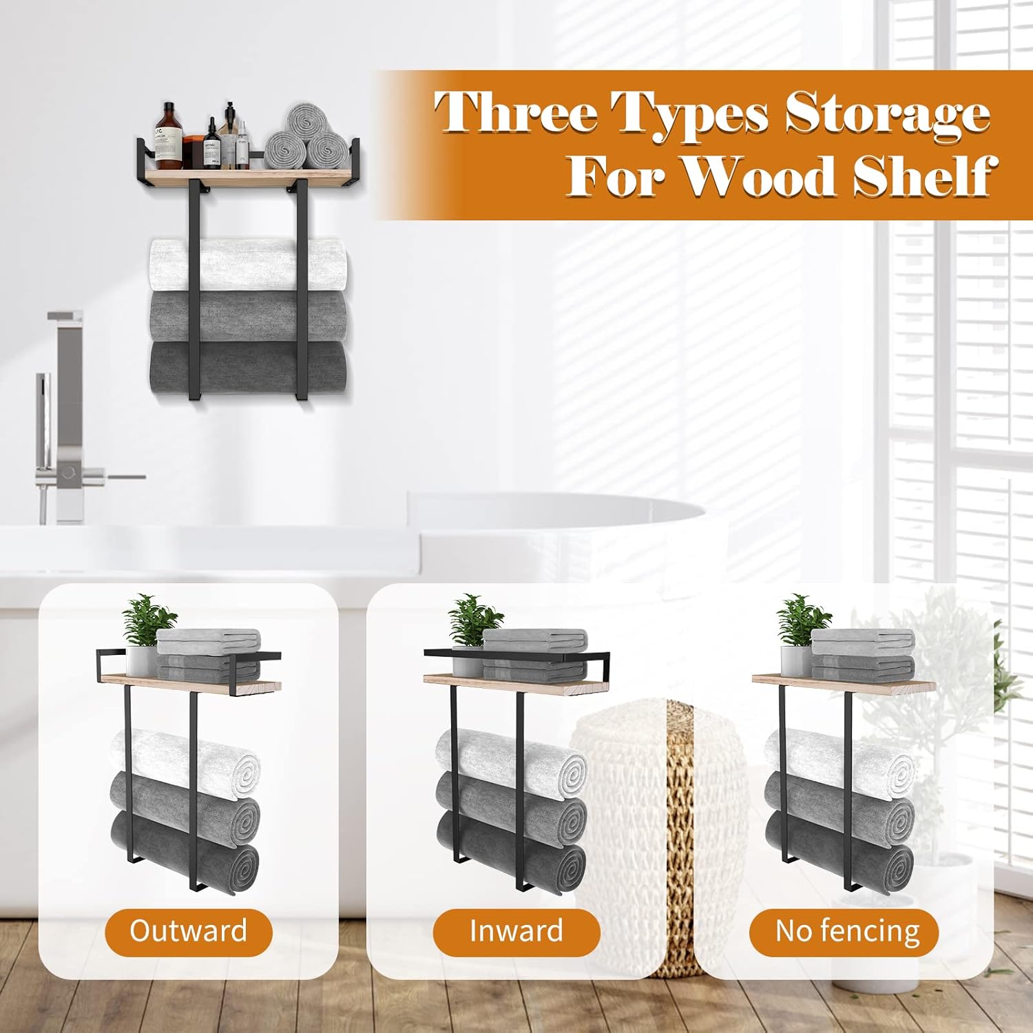 Metal Towel Holder with Wooden Shelf for Folding Large Towels, Towel Storage for Small Bathroom Organizer Decor, Small