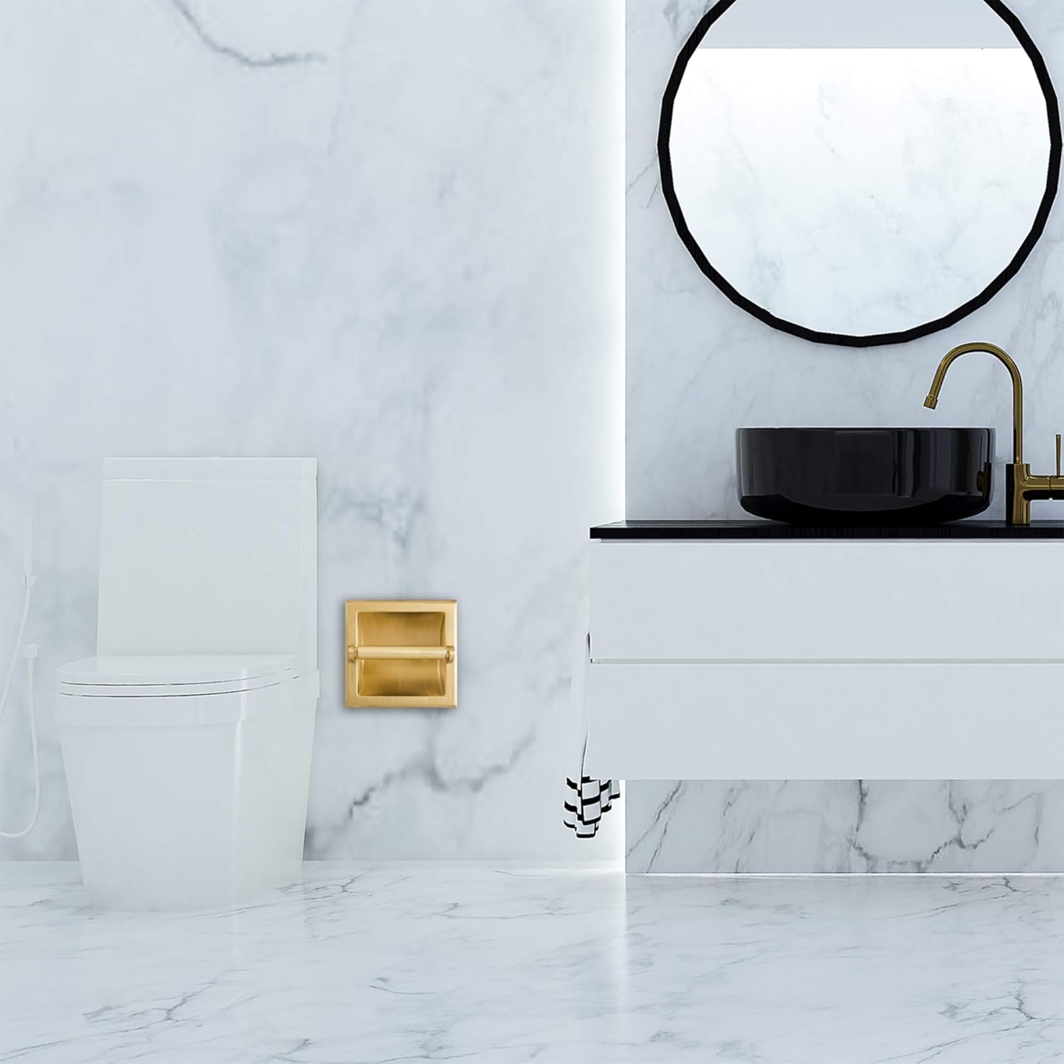 Recessed Gold Toilet Paper Holder, Wall Mounted Heavy Duty Metal with Rear Mounting Bracket, in Wall, Easy Installation, Satin Brass