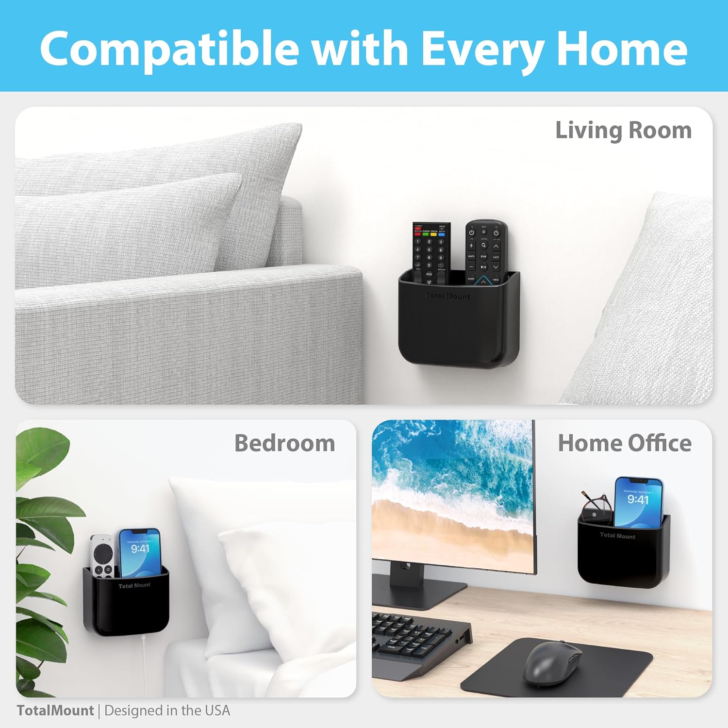 Hole-Free Remote Holder – Eliminates Need to Drill Holes in Your Wall (For 2 or 3 Remote Controls – Black – Quantity 1)