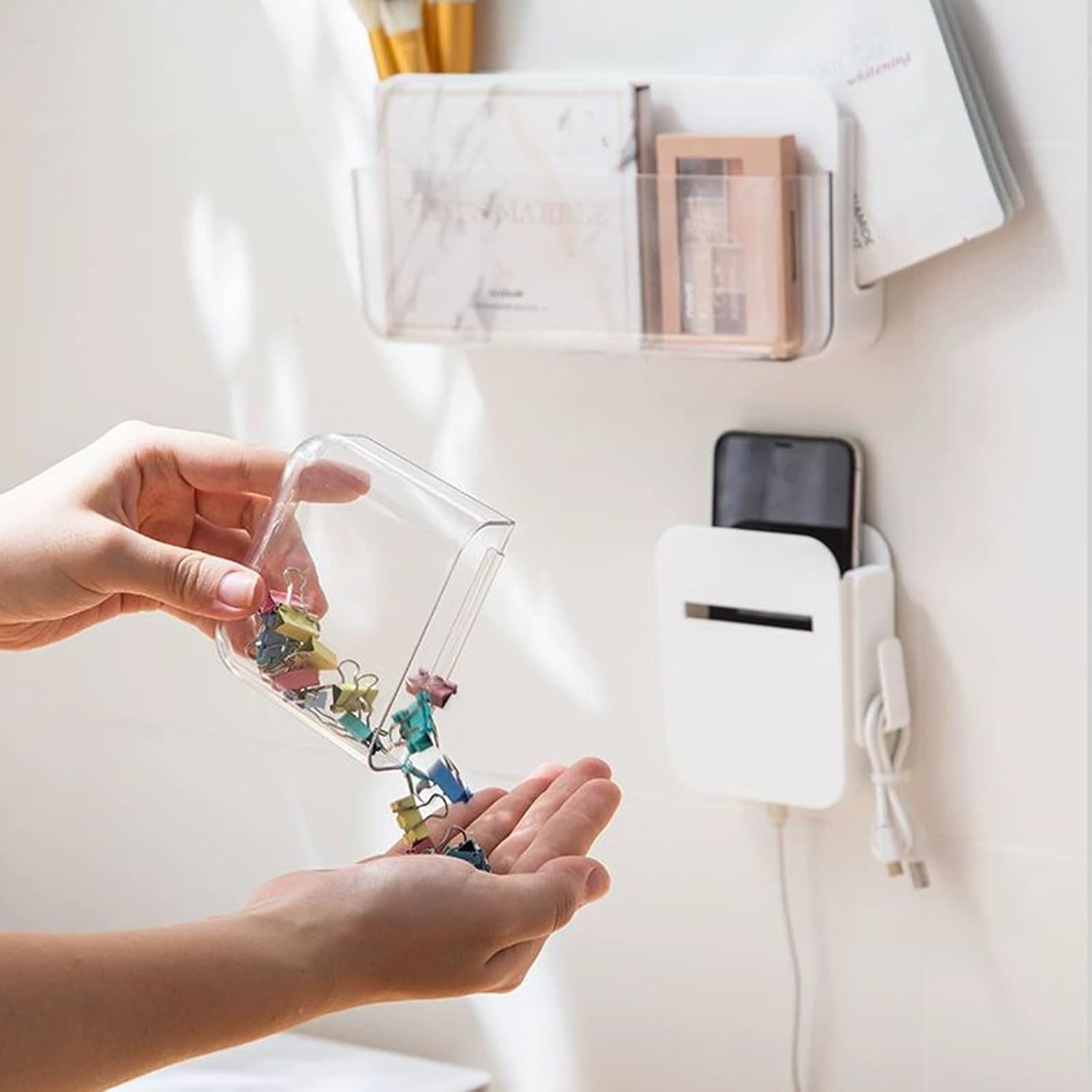 2 Pack Wall Mount Storage Organizer Box Adhesive Remote Control Holder 2 Tier Compartments and Hook