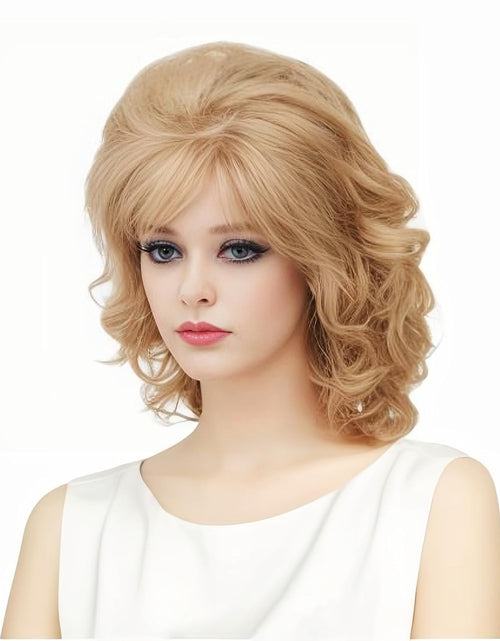 Load image into Gallery viewer, Vintage Short Blonde Beehive Wig with Bangs Curly Wavy Heat Resistant Synthetic Hair Wigs, Blonde
