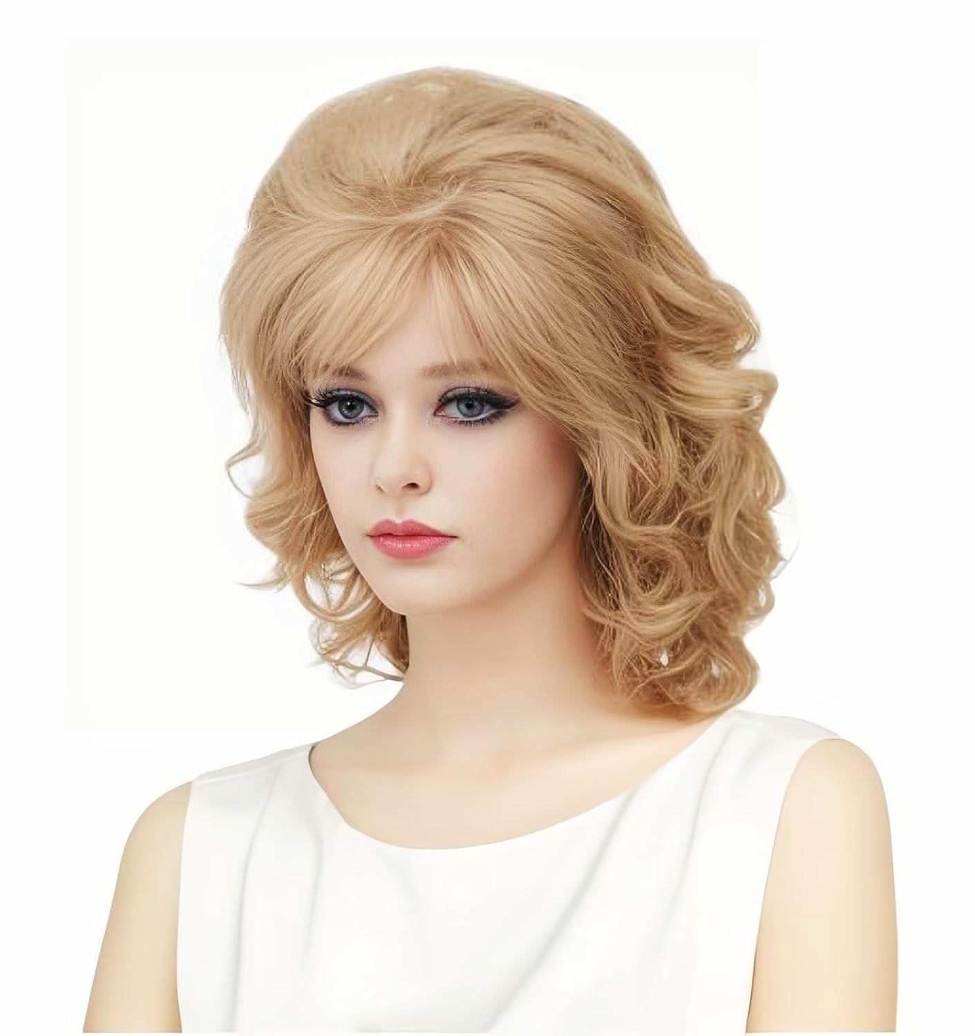 Vintage Short Blonde Beehive Wig with Bangs Curly Wavy Heat Resistant Synthetic Hair Wigs, Blonde