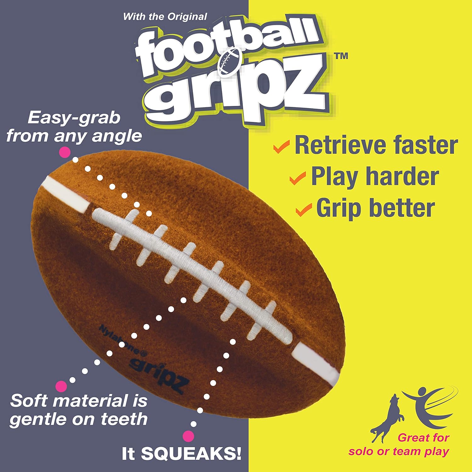 Football Gripz Fetch Toy, Squeaky Ball Chew Toy for Dogs, Medium (1 Count) Medium