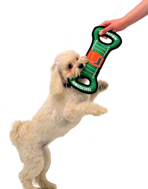 Load image into Gallery viewer, NCAA Football Field Dog Toy with Squeaker. - Miami Hurricanes - for Tug, Toss, and Fetch. - Tough&amp; Durable PET Toy

