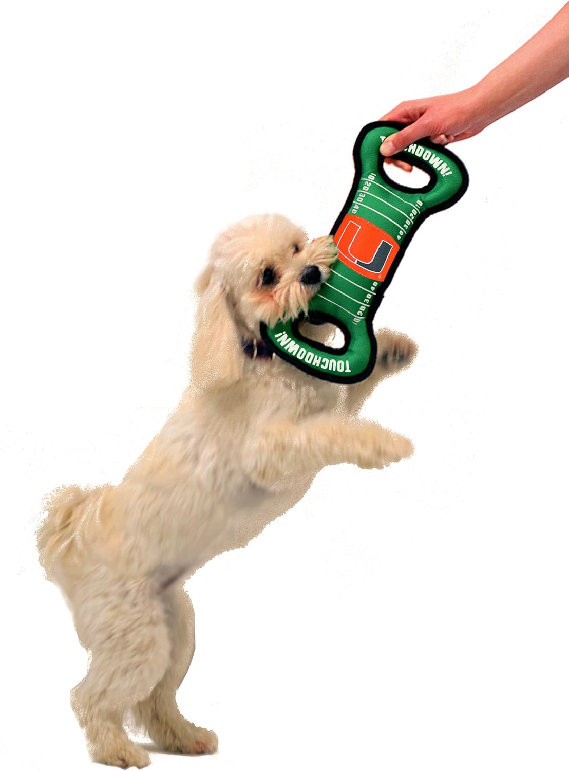 NCAA Football Field Dog Toy with Squeaker. - Miami Hurricanes - for Tug, Toss, and Fetch. - Tough& Durable PET Toy