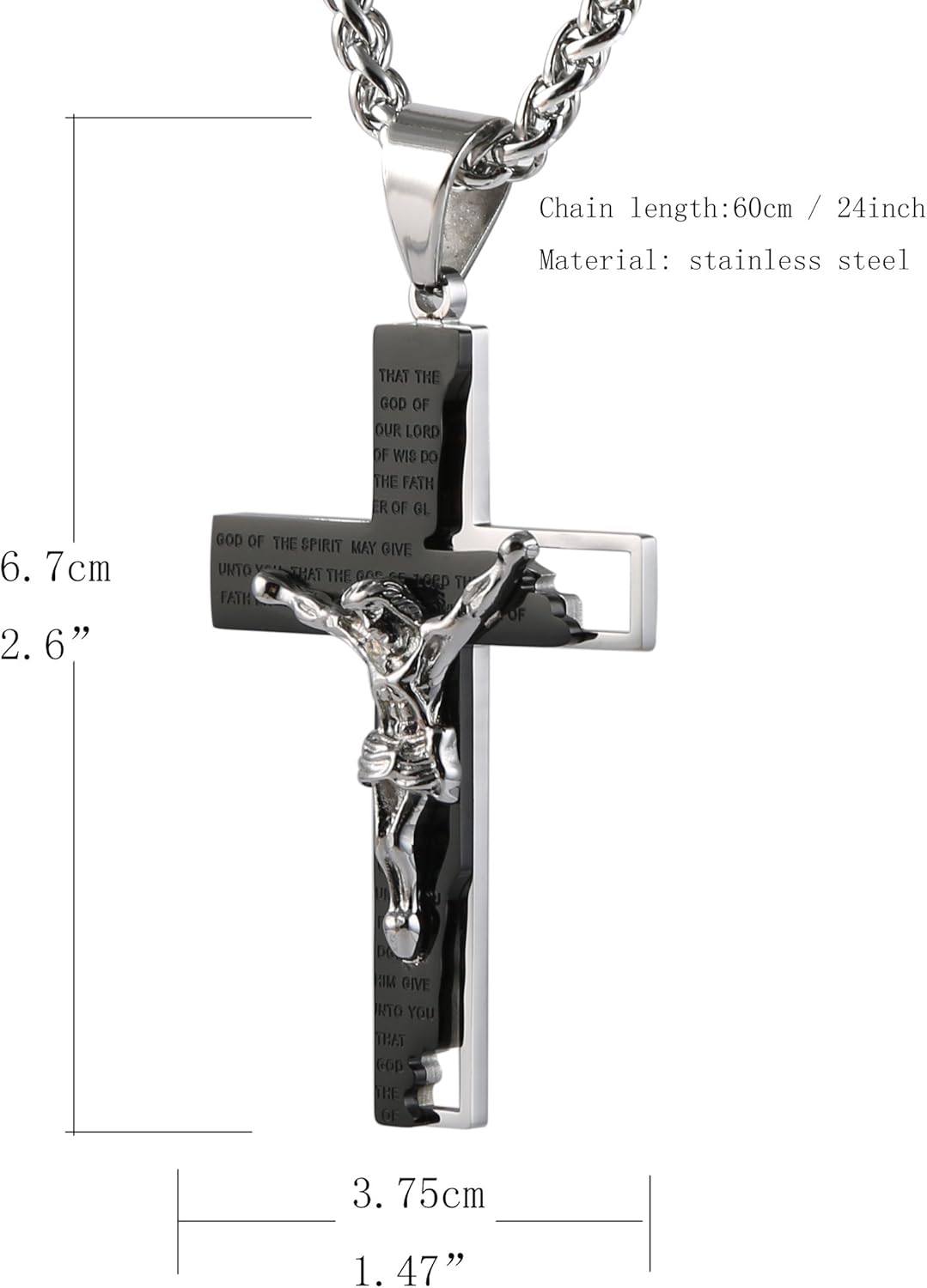Men's Stainless Steel Cross Crucifix Bible Prayer Pendant Necklace 22+2" Chain, Black