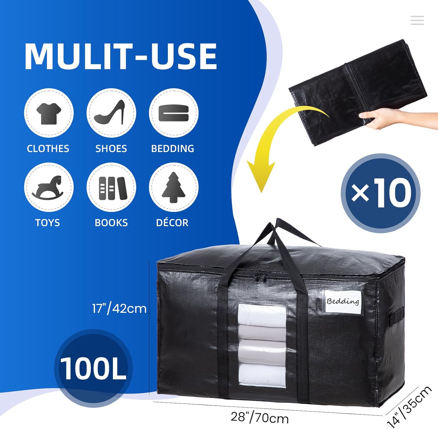 Extra Large Moving Bags, 10 Pack Black Heavy Duty Totes For Storage, Wrap Around Handles, Storage Bags for Space Saving Moving Storage