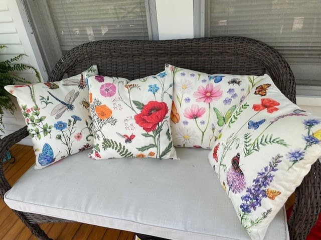 Outdoor Patio Throw Pillow Covers Spring Summer Garden Flowers Farmhouse Decor, 18x18 Set of 4