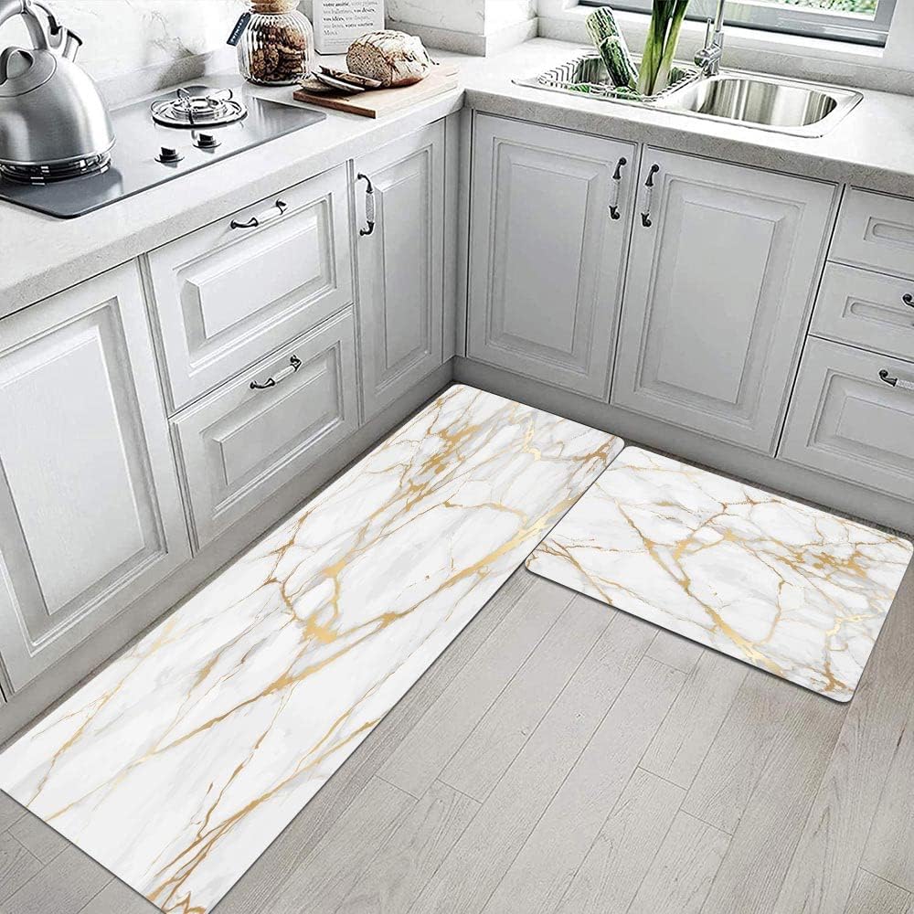 2 Piece Set Marble Kitchen Mats, Gold White Kitchen Rugs Cushioned Anti Fatigue, 17"x29"+17"x47"