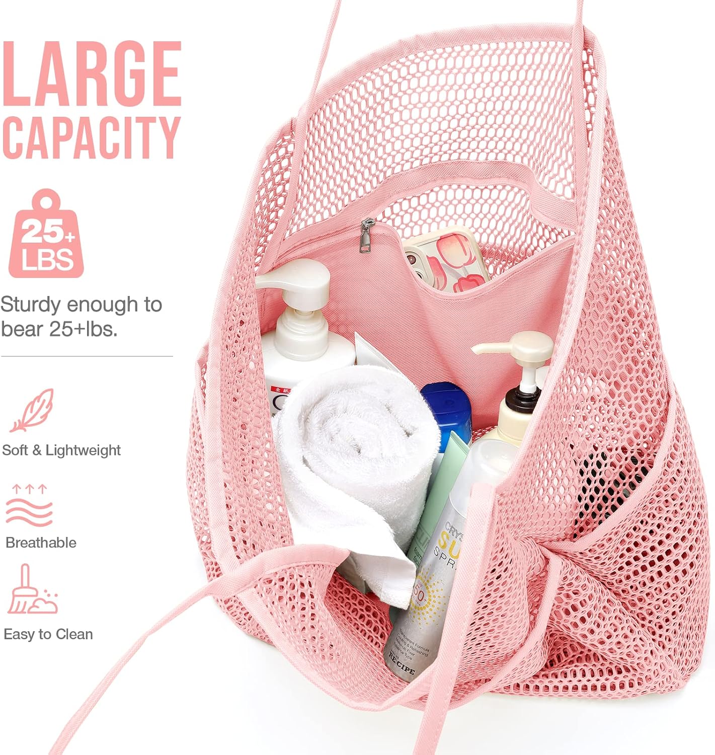 Beach Bag with Mini Pocket, Beach Tote Bags for Women Large Foldable Mesh Swimming Pool Travel Bags - Sandproof, Pink