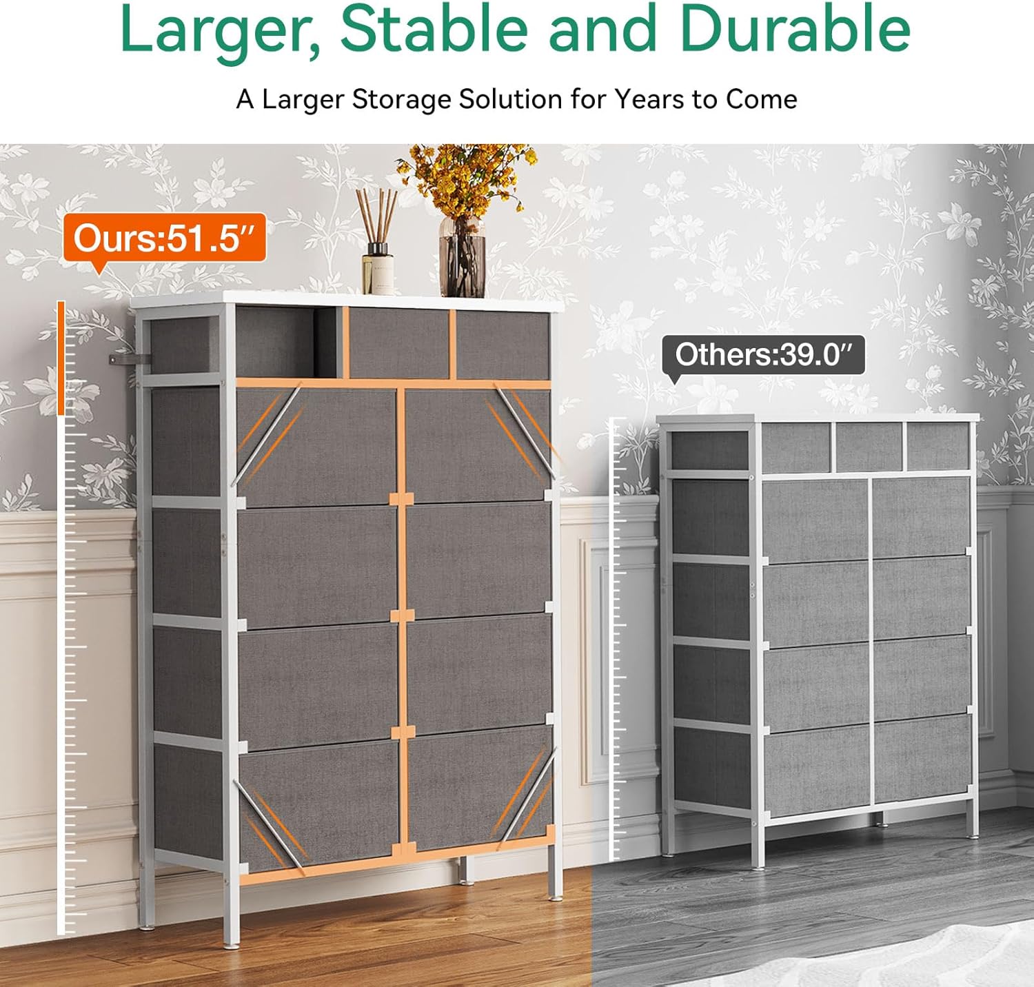 52 Inches Tall Dresser for Bedroom with 11 Storage Drawers, Large Fabric Dressers for Hallway, Light Grey