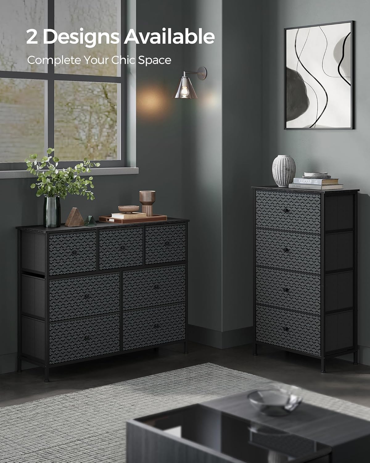 Closet Organizer and Storage Unit with 4 Fabric Drawers, Metal Frame, Ebony Black and Ink Black
