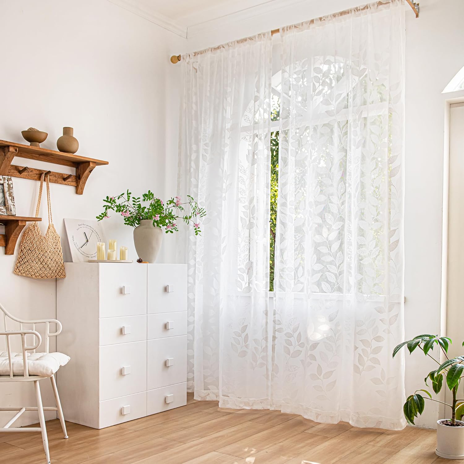White Lace Sheer Curtains 63inch Vintage Leaf Knitted Window Curtain Drapes, 54" W,  2 Panels
