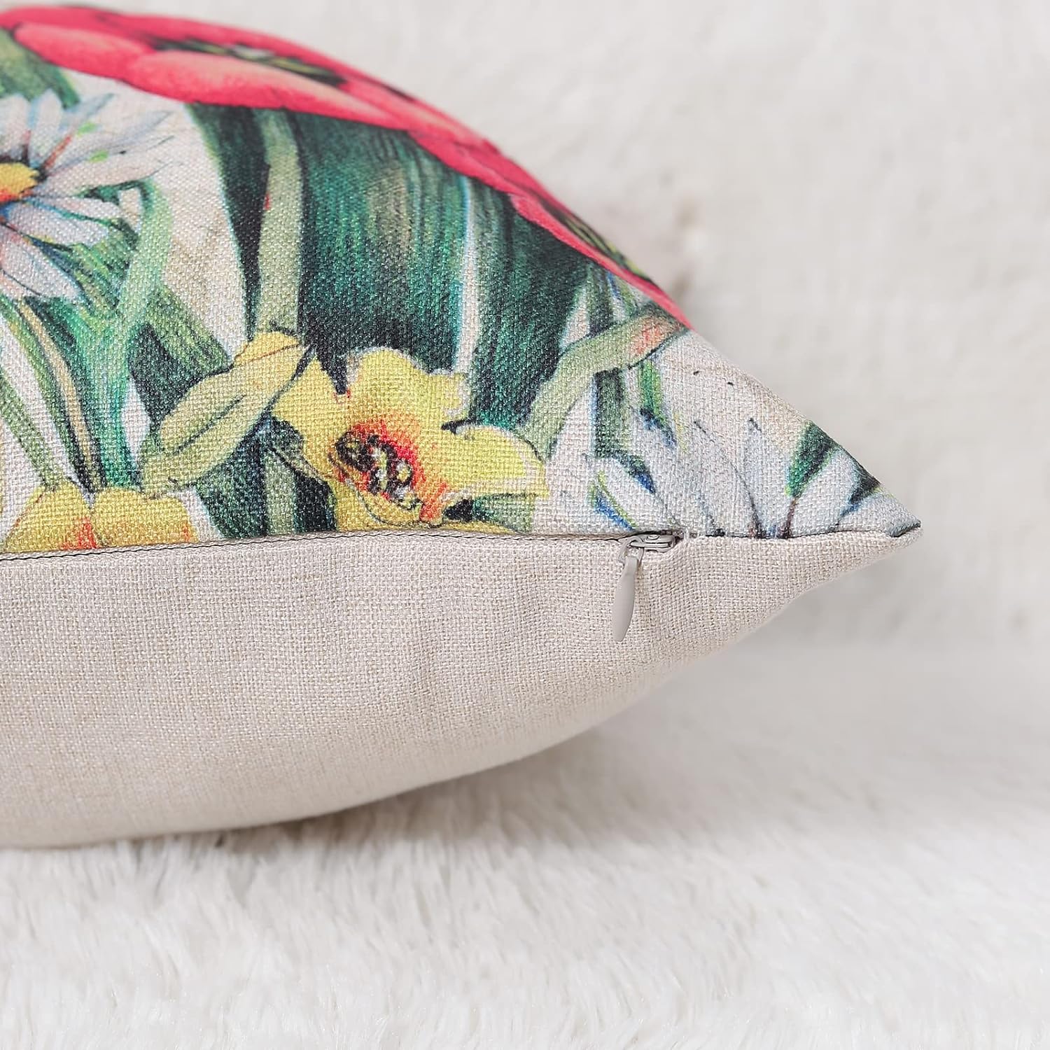 Set of 4 Decorative Spring Pillow Covers Linen Flower Butterfly Farmhouse Pillowcases, 18 x 18