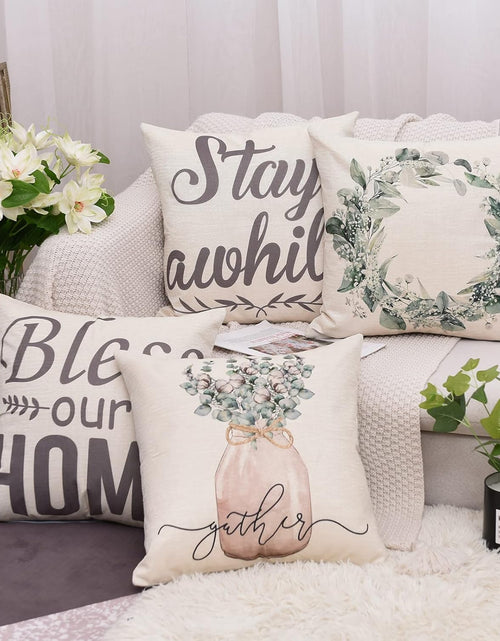 Load image into Gallery viewer, Set of 4 Decorative Spring Wreath Pillow Covers 18 x 18 Inches - Summer Floral Leaves Bless Home Linen Cushion Cases
