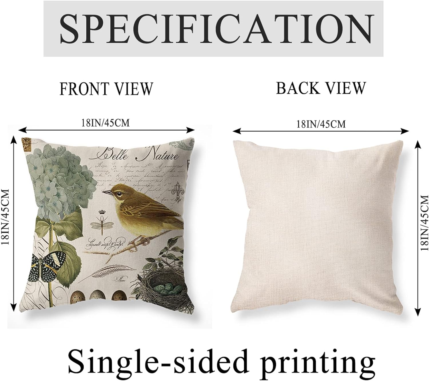 Beige Vintage Throw Pillow Covers 18x18 Set of 4 Rustic Farmhouse Bunny Bird Bee Pillow Covers